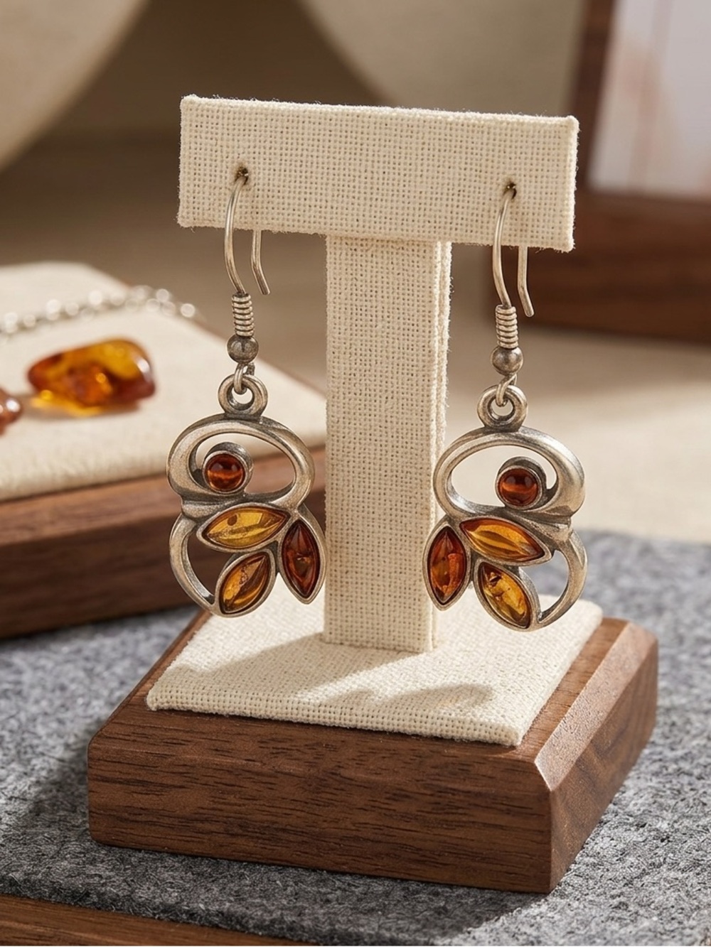 Vintage Amber Leaf Earrings Artisan Silver Abstract 1970s Modernist